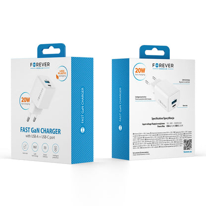 Punjač za mrežu Forever TC-08-20AC, 20W, 3A, 1 x USB-A - 1 x USB-C, Bijeli