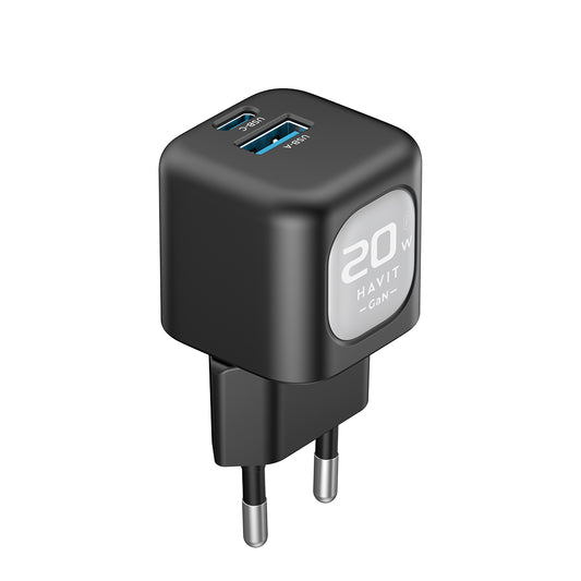 Mrežni punjač HAVIT UC220, 20W, 3A, 1 x USB-A - 1 x USB-C, Crno Sivi