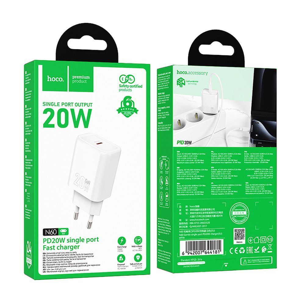 Punjač Mreža HOCO N60, 20W, 3A, 1 x USB-C, Bijeli