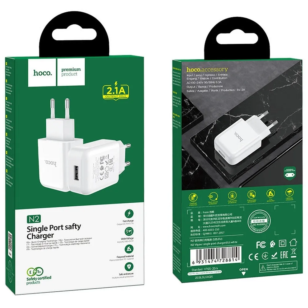 Punjač za mrežu HOCO N2, 10W, 2A, 1 x USB-A, Bijela