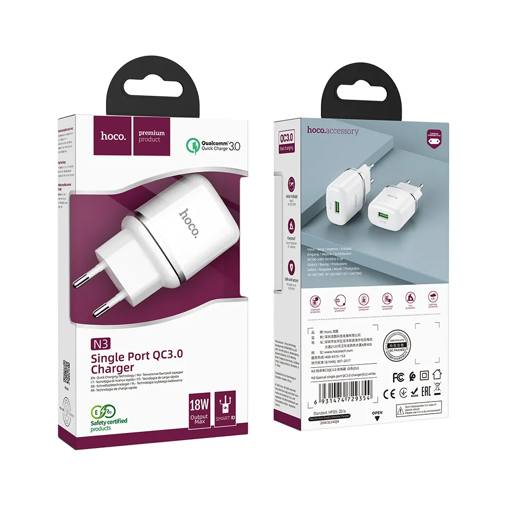 Punjač za mrežu HOCO N3, 18W, 3A, 1 x USB-A, Bijela