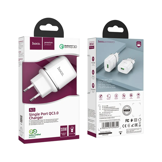 Punjač za mrežu HOCO N3, 18W, 3A, 1 x USB-A, Bijela
