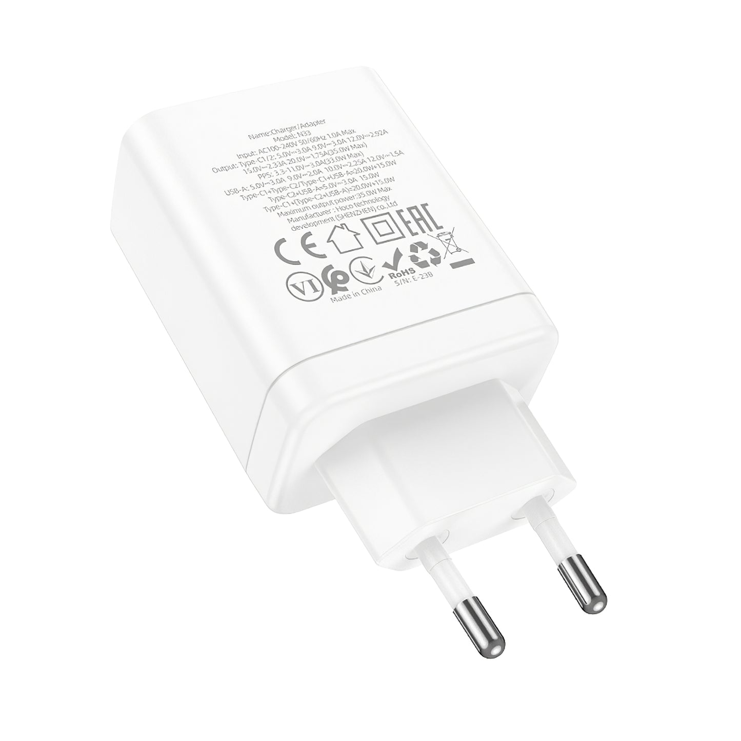 Punjač za mrežu HOCO N33, 35W, 3A, 1 x USB-A - 2 x USB-C, Bijeli