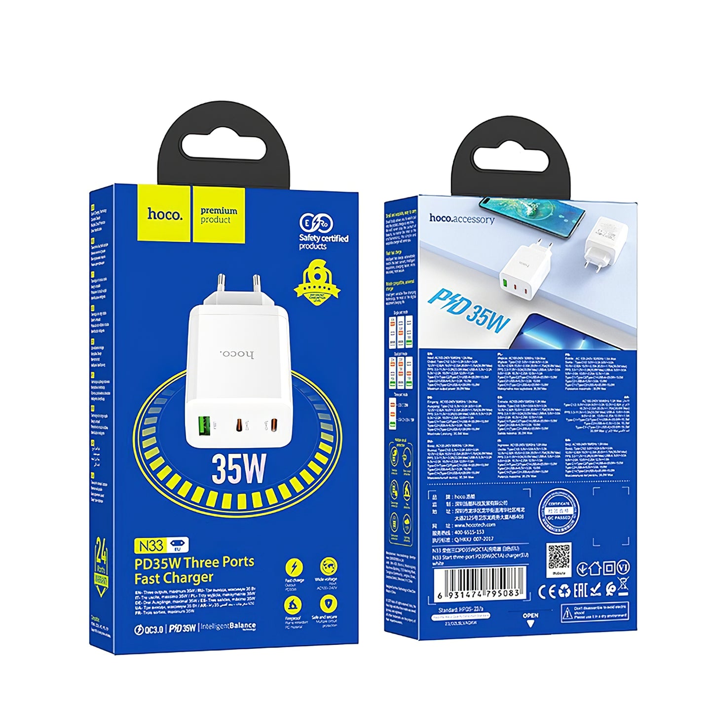 Punjač za mrežu HOCO N33, 35W, 3A, 1 x USB-A - 2 x USB-C, Bijeli