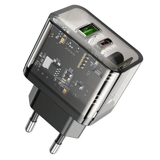 Punjač mreže HOCO N34, 20W, 3A, 1 x USB-A - 1 x USB-C, Transparent