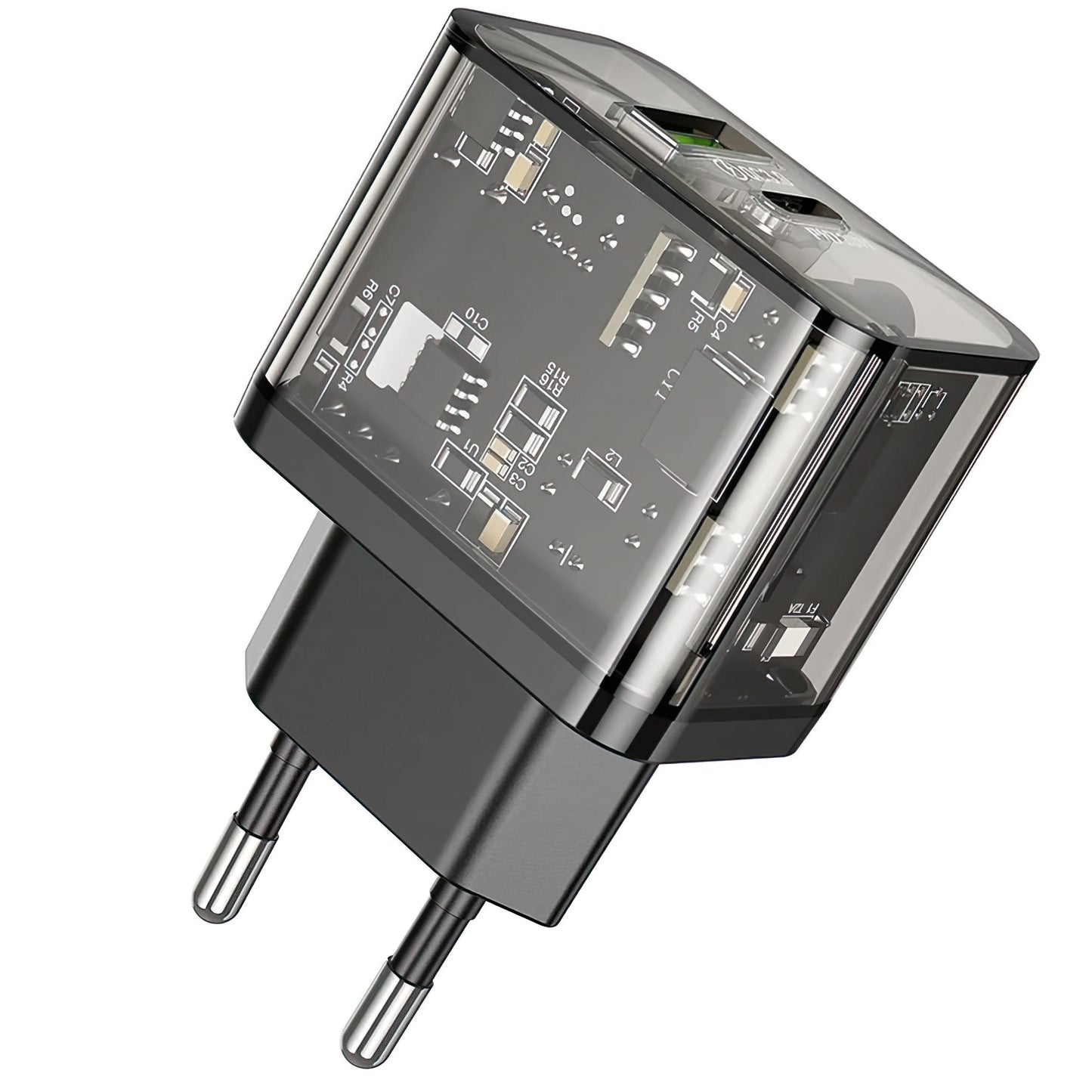 Punjač mreže HOCO N34, 20W, 3A, 1 x USB-A - 1 x USB-C, Transparent