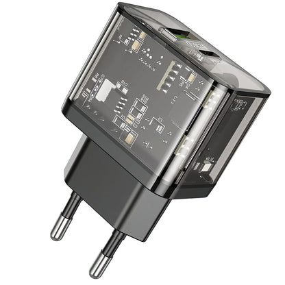 Punjač mreže HOCO N34, 20W, 3A, 1 x USB-A - 1 x USB-C, Transparent