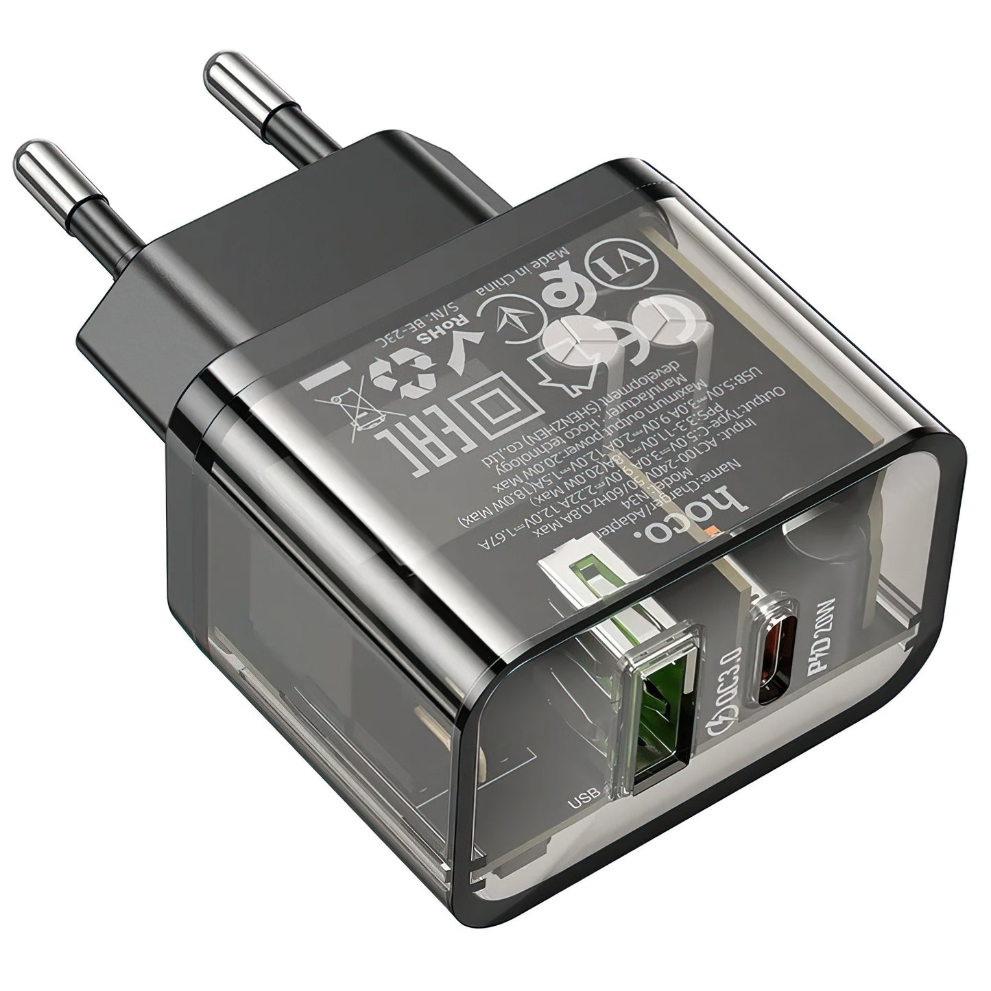 Punjač mreže HOCO N34, 20W, 3A, 1 x USB-A - 1 x USB-C, Transparent