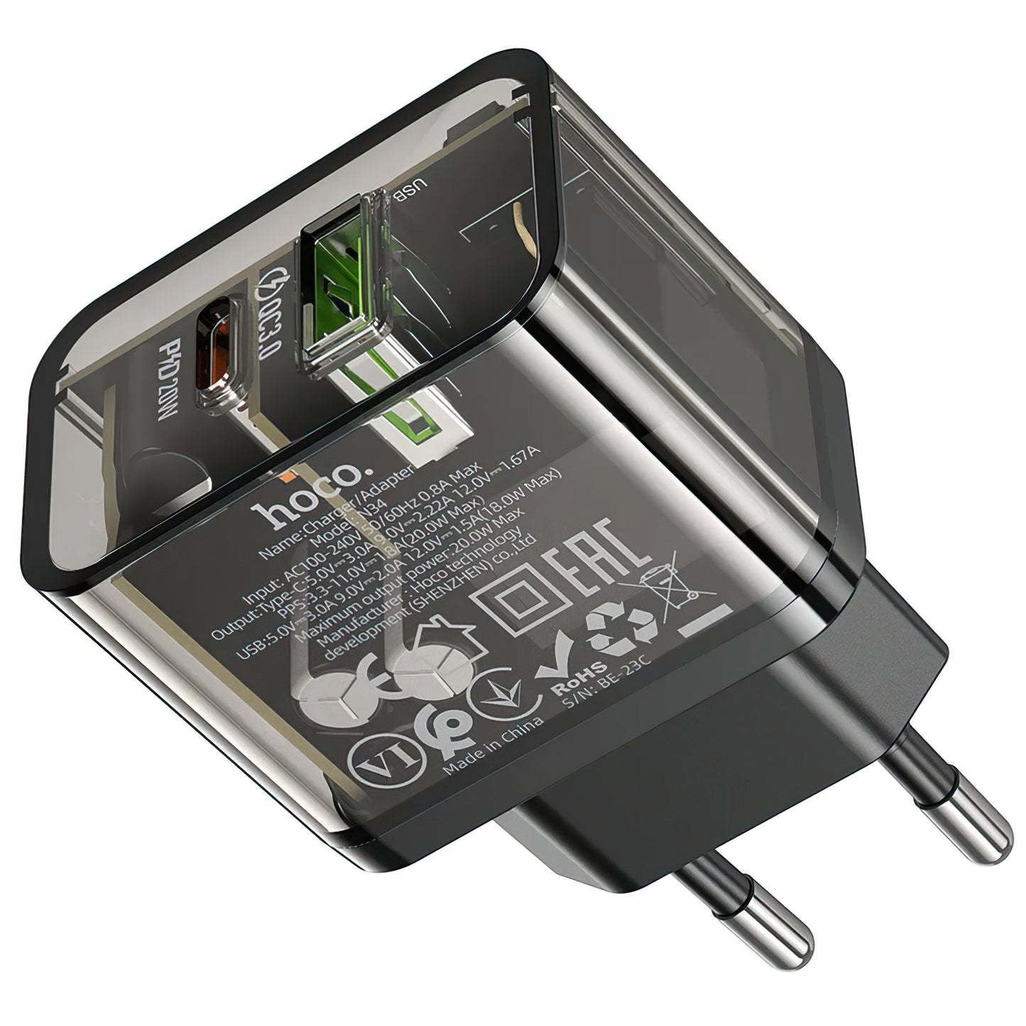 Punjač mreže HOCO N34, 20W, 3A, 1 x USB-A - 1 x USB-C, Transparent