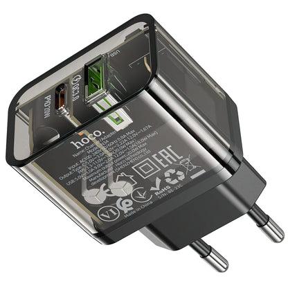 Punjač mreže HOCO N34, 20W, 3A, 1 x USB-A - 1 x USB-C, Transparent