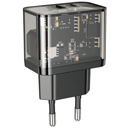 Punjač mreže HOCO N34, 20W, 3A, 1 x USB-A - 1 x USB-C, Transparent