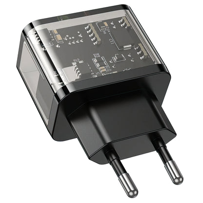 Punjač mreže HOCO N34, 20W, 3A, 1 x USB-A - 1 x USB-C, Transparent