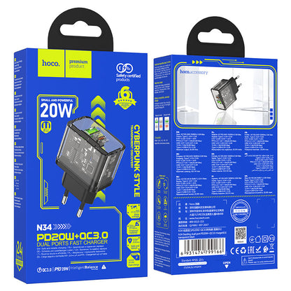 Punjač mreže HOCO N34, 20W, 3A, 1 x USB-A - 1 x USB-C, Transparent