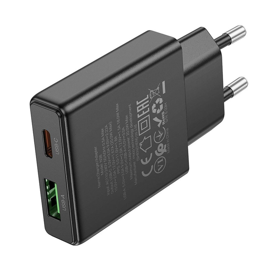 Punjač za mrežu HOCO N38, 20W, 3A, 1 x USB-A - 1 x USB-C, Crni