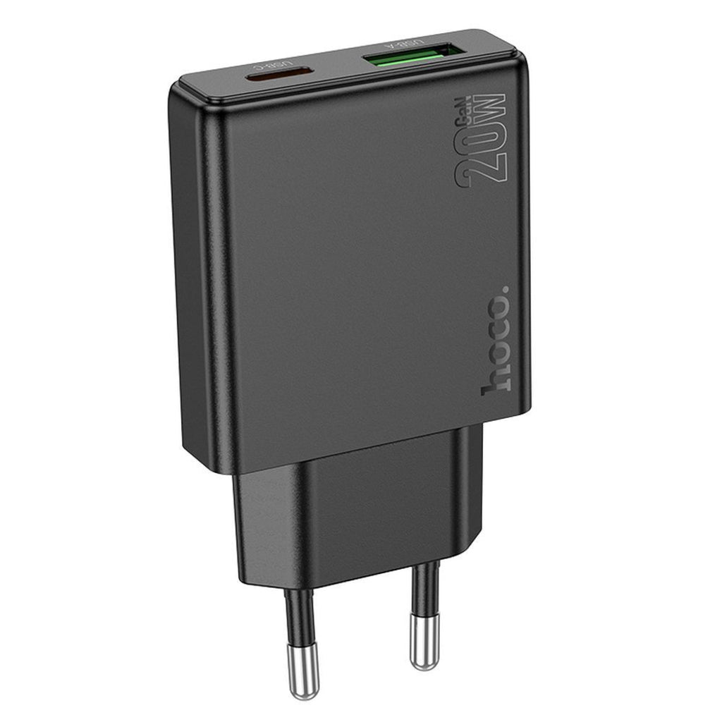Punjač za mrežu HOCO N38, 20W, 3A, 1 x USB-A - 1 x USB-C, Crni