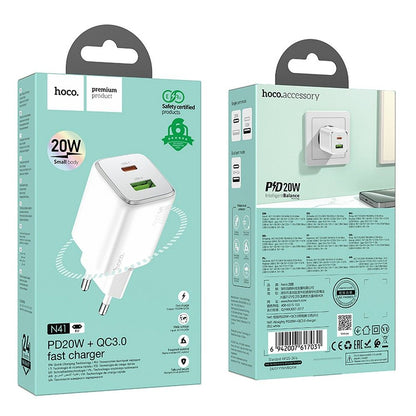 Punjač za mrežu HOCO N41, 20W, 3A, 1 x USB-A - 1 x USB-C, Bijeli