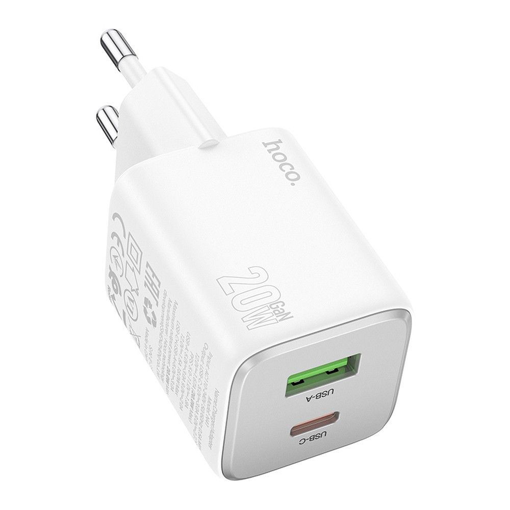 Punjač za mrežu HOCO N41, 20W, 3A, 1 x USB-A - 1 x USB-C, Bijeli