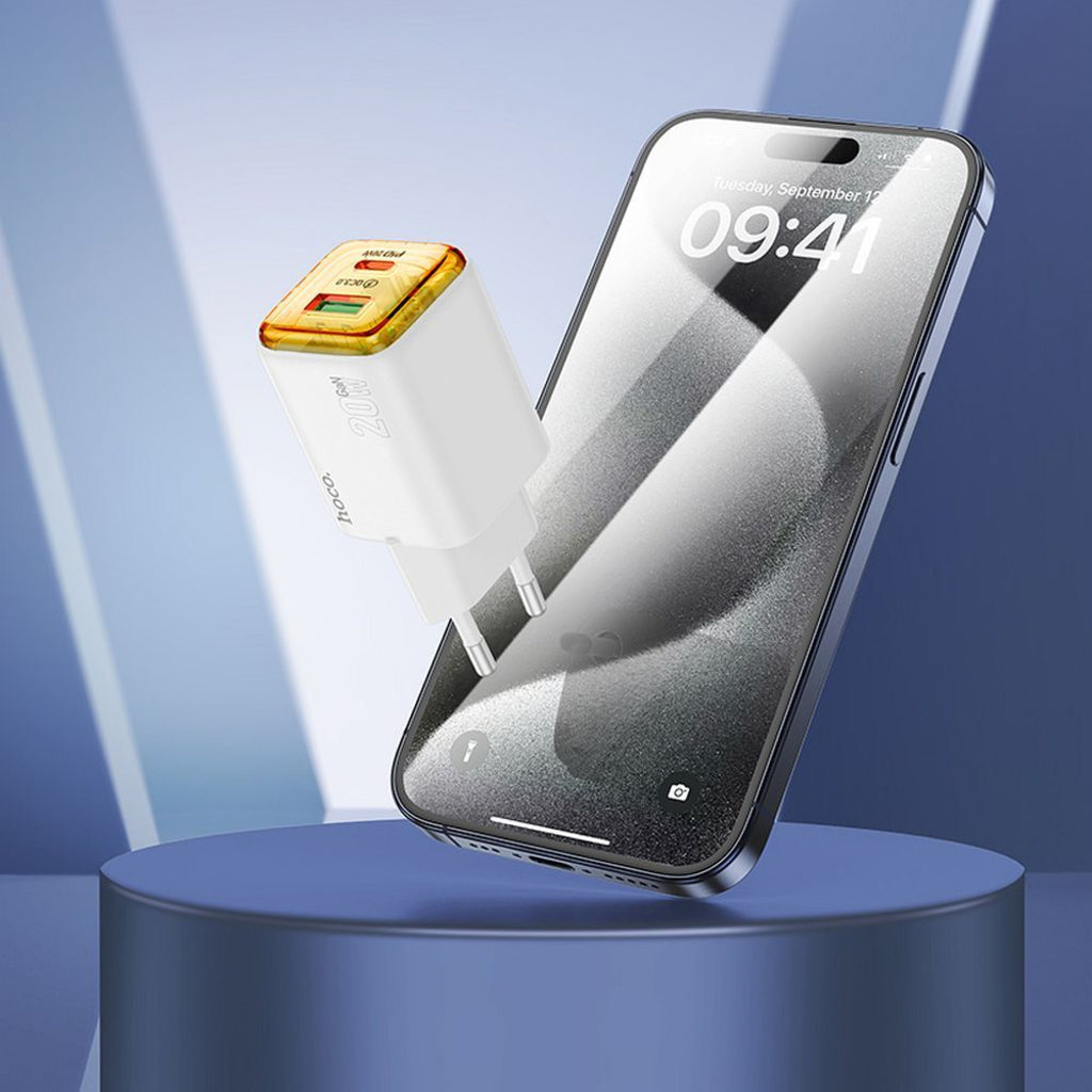 Punjač za mrežu HOCO N52, 20W, 3A, 1 x USB-A - 1 x USB-C, Bijeli