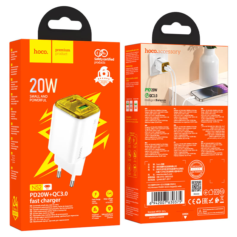 Punjač za mrežu HOCO N52, 20W, 3A, 1 x USB-A - 1 x USB-C, Bijeli