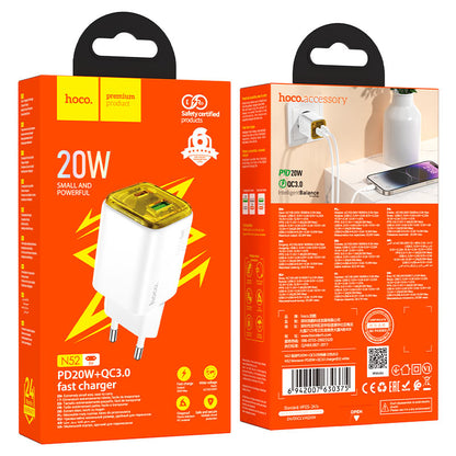 Punjač za mrežu HOCO N52, 20W, 3A, 1 x USB-A - 1 x USB-C, Bijeli