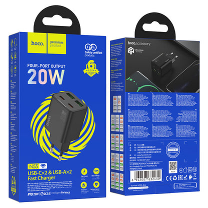 Punjač za mrežu HOCO N55, 20W, 3A, 2 x USB-A - 2 x USB-C, Crni