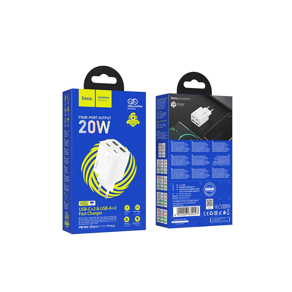 Punjač za mrežu HOCO N56, 30W, 3A, 2 x USB-A - 2 x USB-C, Bijeli
