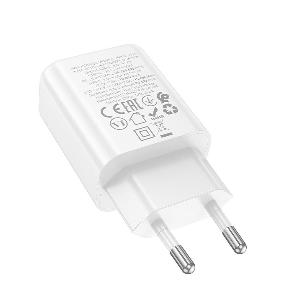 Mrežni punjač HOCO N61, 20W, 3A, 1 x USB-A - 1 x USB-C, Bijeli