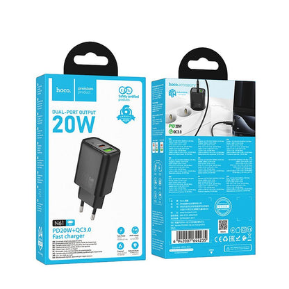 Punjač za mrežu HOCO N61, 20W, 3A, 1 x USB-A - 1 x USB-C, Crni