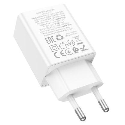 Punjač za mrežu HOCO N71, 30W, 3A, 1 x USB-A - 1 x USB-C, Bijeli