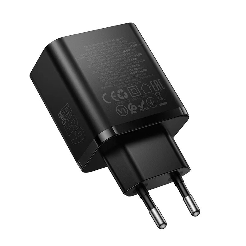 Punjač za mrežu HOCO N75, 65W, 3A, 1 x USB-A - 2 x USB-C, Crni
