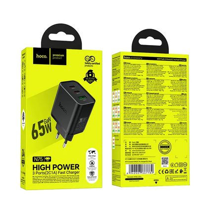 Punjač za mrežu HOCO N75, 65W, 3A, 1 x USB-A - 2 x USB-C, Crni