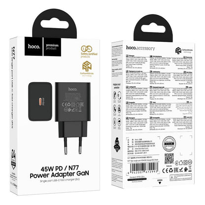 Punjač za mrežu HOCO N77, 45W, 3A, 1 x USB-C, Crni