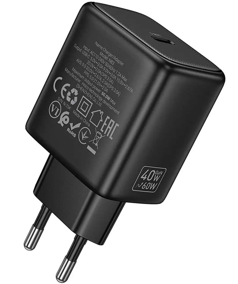 Punjač za mrežu HOCO N83, 40W, 3A, 1 x USB-C, Crni