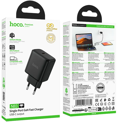 Punjač za mrežu HOCO N83, 40W, 3A, 1 x USB-C, Crni