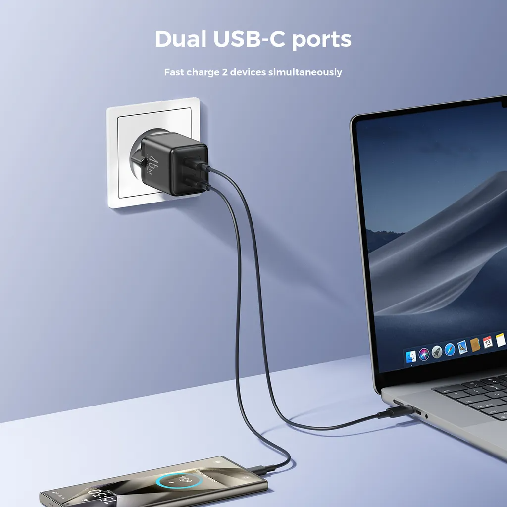 Punjač mreže Joyroom JR-TCG17, 45W, 3A, 2 x USB-C, Crni