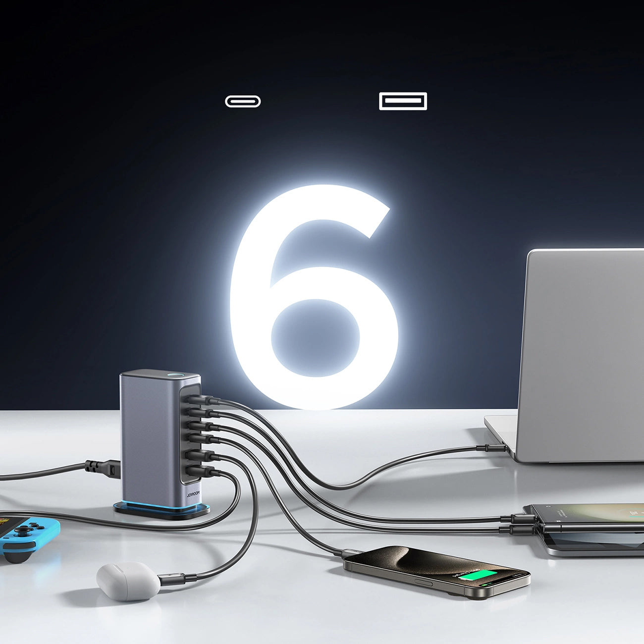 Punjač Stanica Joyroom JR-TCM02, 65W, 3.25A, 2 x USB-A - 4 x USB-C, Siva