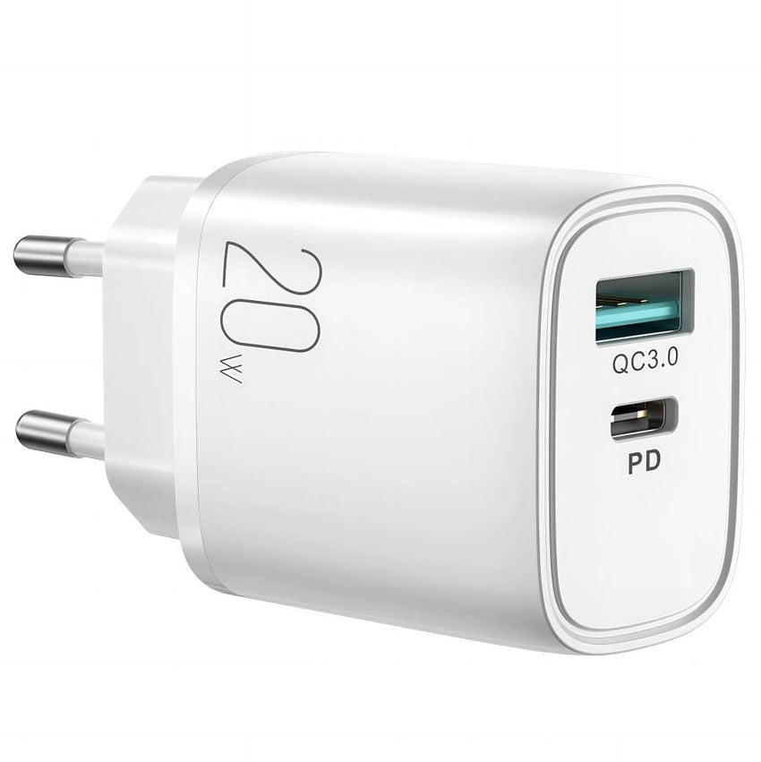 Mrežni punjač Joyroom L-QP2011, 20W, 3A, 1 x USB-A - 1 x USB-C, Bijeli