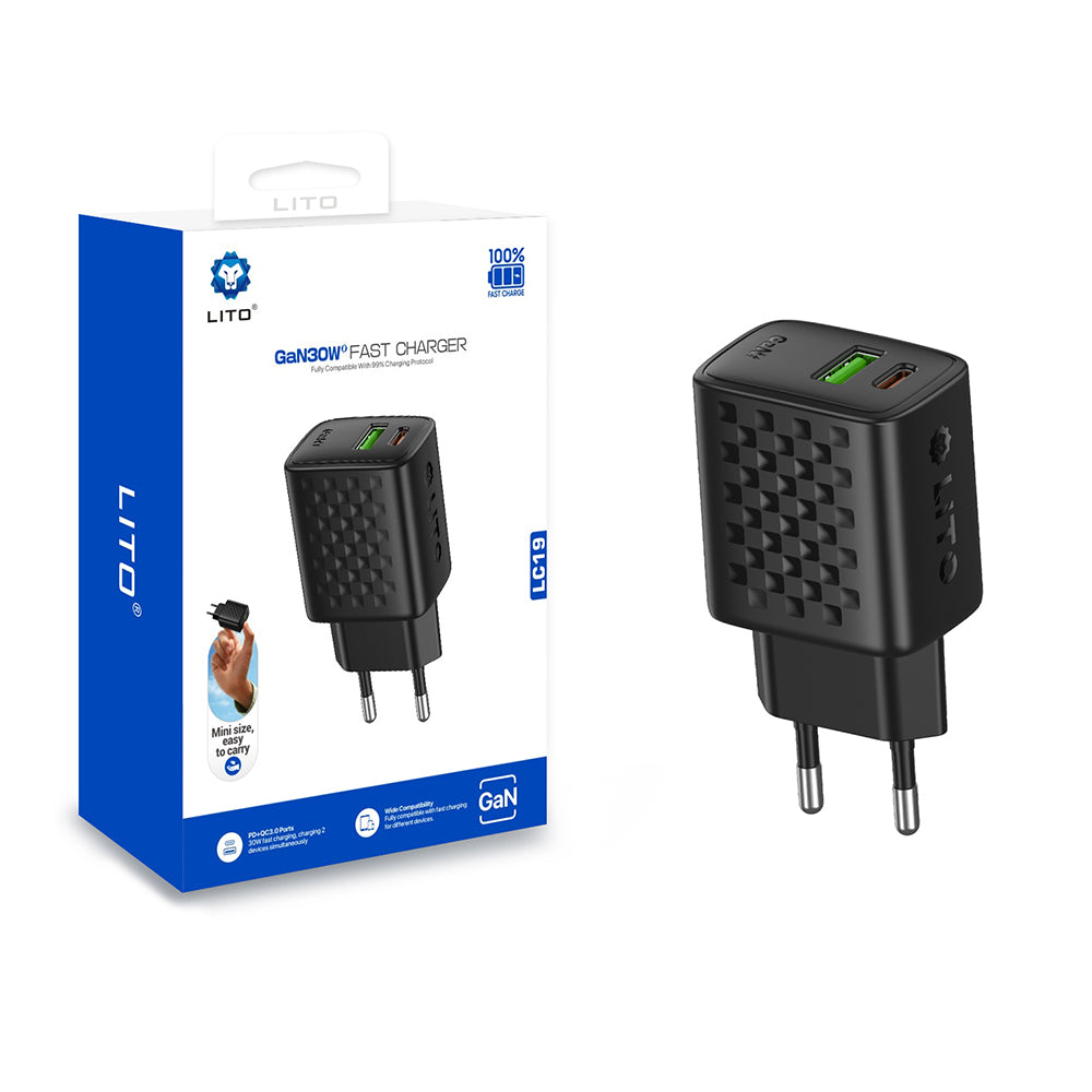 Punjač mreže Lito LC19, 30W, 3A, 1 x USB-A - 1 x USB-C, Crni