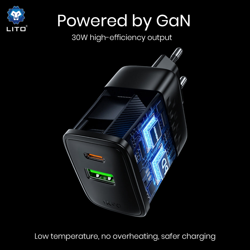 Punjač mreže Lito LC19, 30W, 3A, 1 x USB-A - 1 x USB-C, Crni