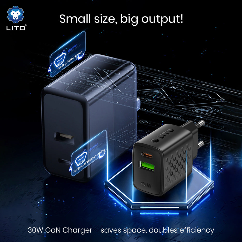 Punjač mreže Lito LC19, 30W, 3A, 1 x USB-A - 1 x USB-C, Crni