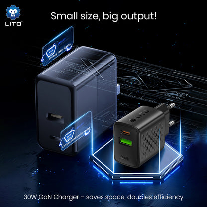 Punjač mreže Lito LC19, 30W, 3A, 1 x USB-A - 1 x USB-C, Crni