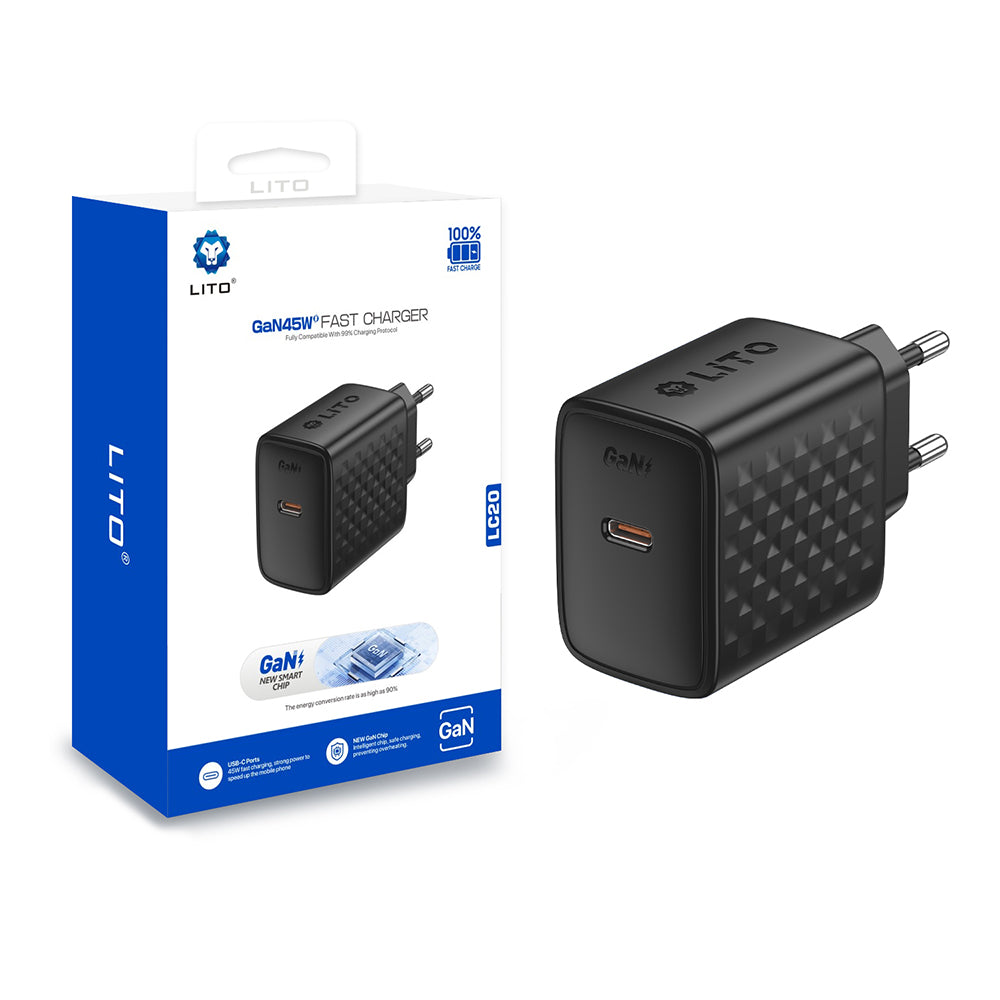 Punjač za mrežu Lito LC20, 45W, 3A, 1 x USB-C, Crni