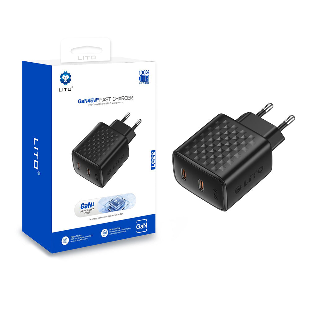 Punjač za mrežu Lito LC22, 45W, 3A, 2 x USB-C, Crni