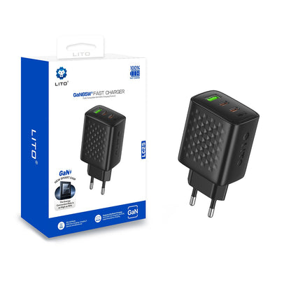 Punjač mreže Lito LC25, 65W, 3.25A, 1 x USB-A - 2 x USB-C, Crni