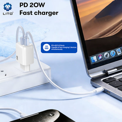 Punjač mreže Lito LC28, 20W, 3A, 1 x USB-A - 1 x USB-C, Bijeli