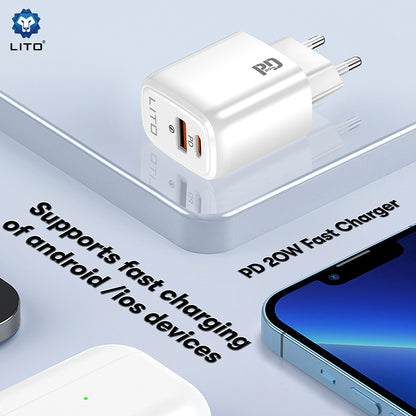 Punjač mreže Lito LC28, 20W, 3A, 1 x USB-A - 1 x USB-C, Bijeli