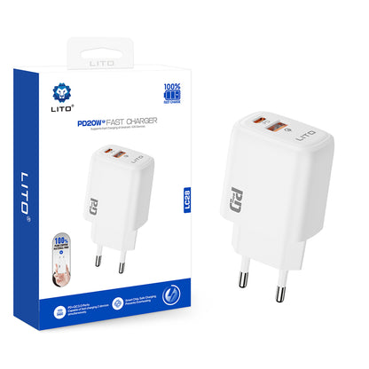Punjač mreže Lito LC28, 20W, 3A, 1 x USB-A - 1 x USB-C, Bijeli