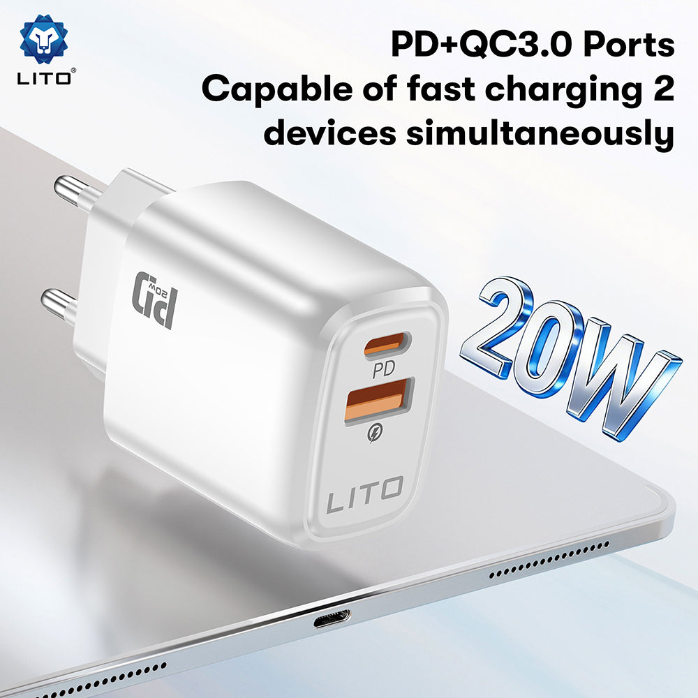 Punjač mreže Lito LC28, 20W, 3A, 1 x USB-A - 1 x USB-C, Bijeli