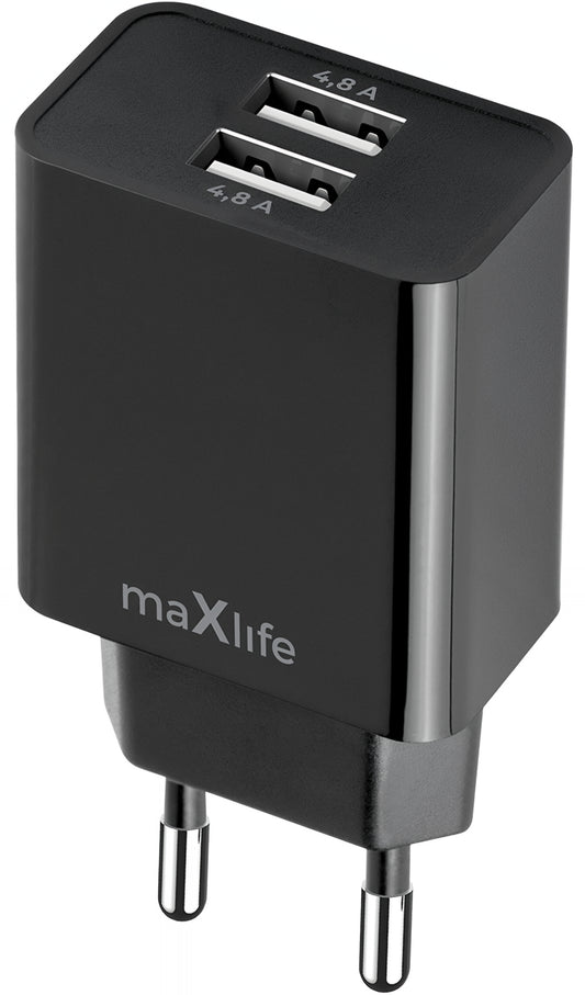 Punjač za mrežu MaXlife MXTC-12, 24W, 2.4A, 2 x USB-A, Crni