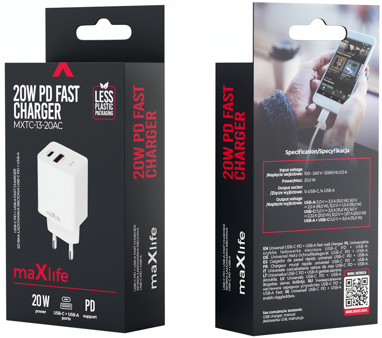 Punjač za mrežu MaXlife MXTC-13-20AC, 20W, 3A, 1 x USB-A - 1 x USB-C, Bijeli